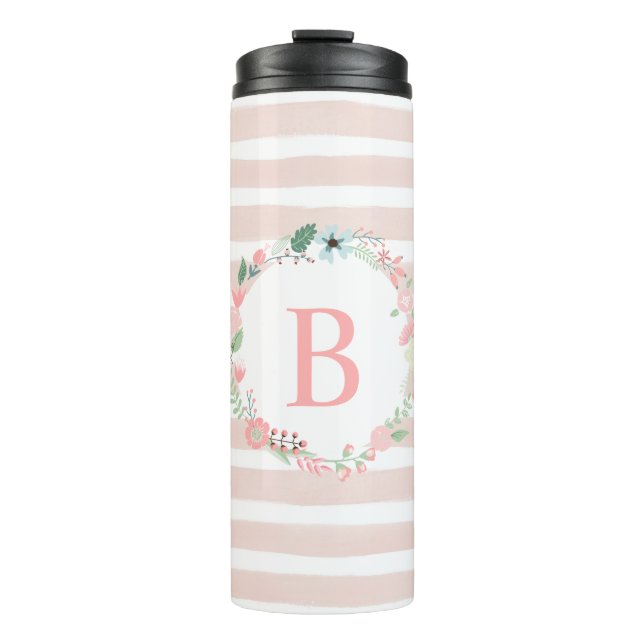 Girly Pink Floral Monogram Thermal Tumbler (Front)