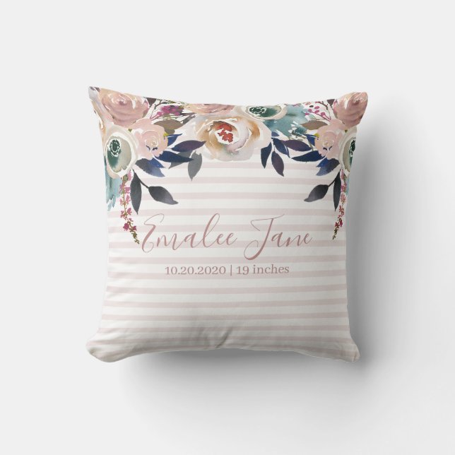 Girly Pink Floral Newborn Baby Personalized Throw Pillow (Front)