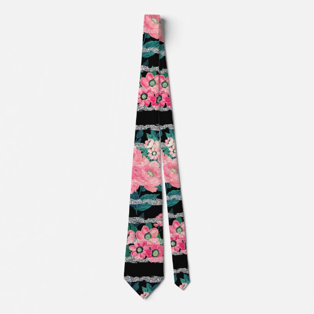 Girly Pink Floral & Silver Glitter Stripes Black Tie (Front)