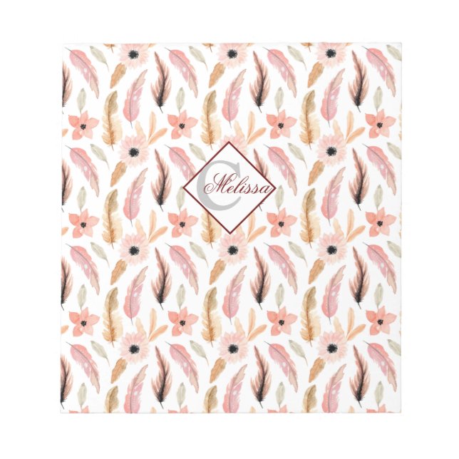 Girly Pink Floral Watercolor Pattern Name Script Notepad (Front)