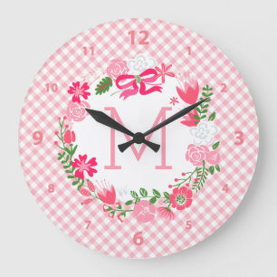Girly Pink Floral Wreath Personalized Monogram Large Clock