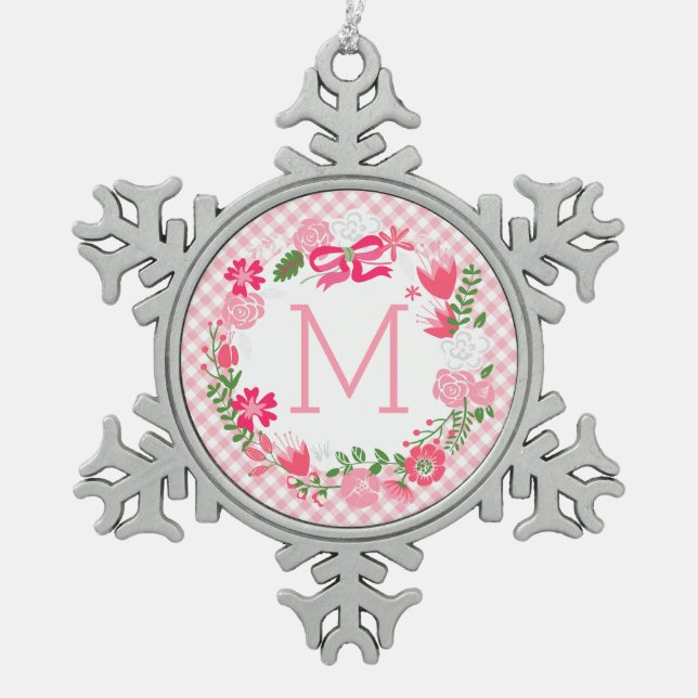 Girly Pink Floral Wreath Personalized Monogram Snowflake Pewter Christmas Ornament (Front)