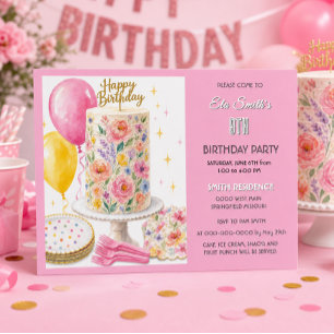 Girly Pink Flower Birthday Cake Kids Party  Invitation