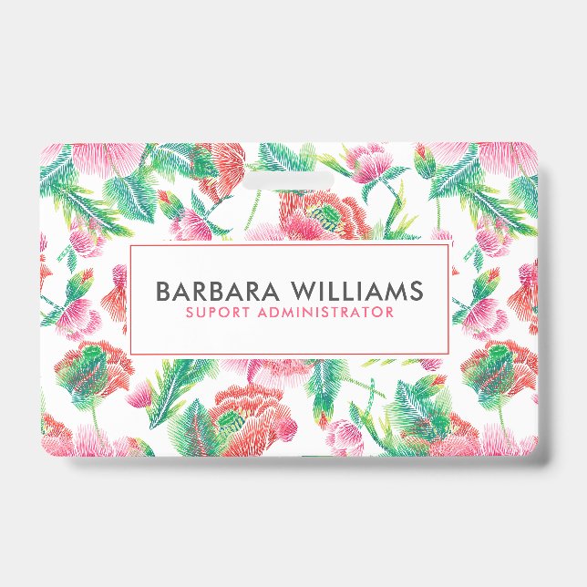 Girly Pink Flowers Green Leafs Pattern Badge (Front)