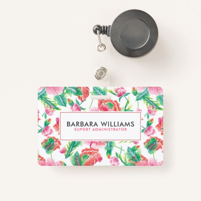 Girly Pink Flowers Green Leafs Pattern Badge (Front with Retractable)