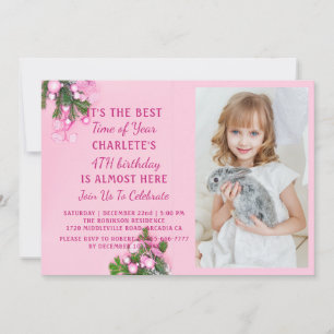 Girly Pink fourth Christmas Birthday Party photo Invitation