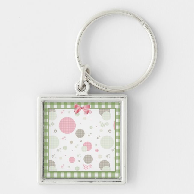 Girly Pink Gingham Pattern Circles Cute Daisies Keychain (Front)