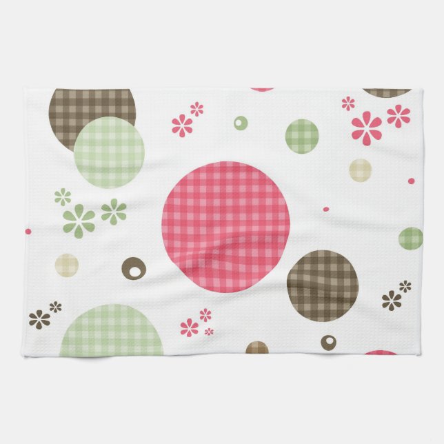 Girly Pink Gingham Pattern Circles Cute Daisies Kitchen Towel (Horizontal)