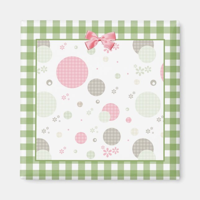 Girly Pink Gingham Pattern Circles Cute Daisies Magnet (Front)