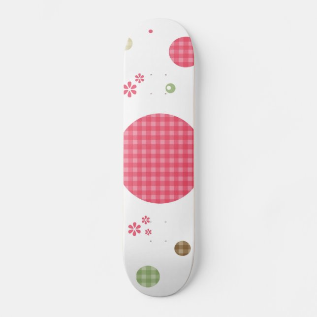 Girly Pink Gingham Pattern Circles Cute Daisies Skateboard (Front)