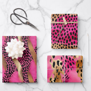 Girly Pink Glam Gold Leopard Animal Print Wrapping Paper Sheet
