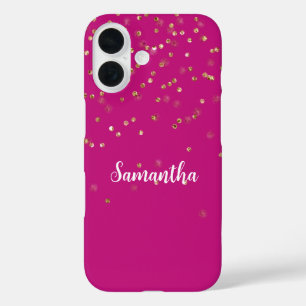 Girly Pink Glam Gold Sparkle Confetti Personalized iPhone 16 Case