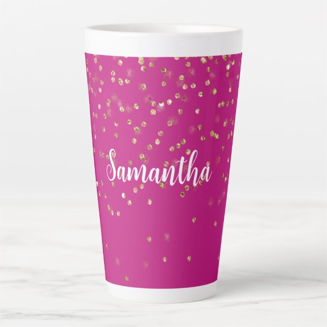 Girly Pink Glam Gold Sparkle Confetti Personalized Latte Mug (Front)