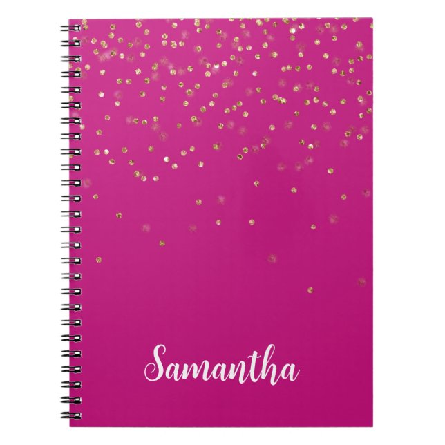 Girly Pink Glam Gold Sparkle Confetti Personalized Notebook (Front)