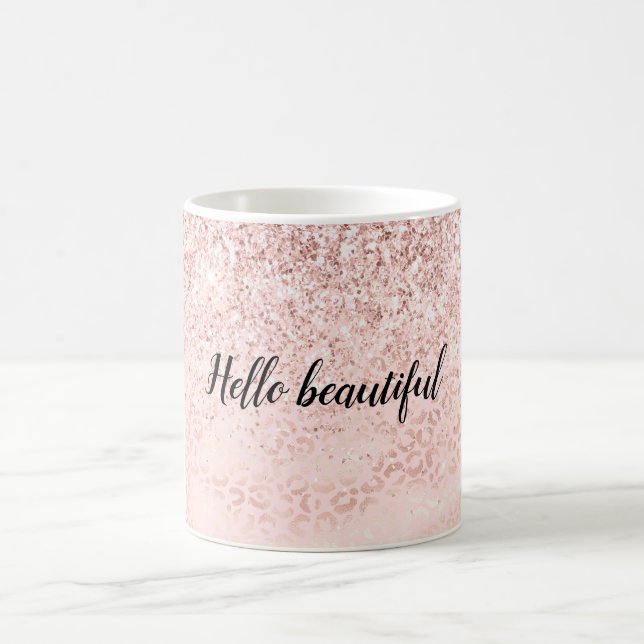 Girly Pink Glam Leopard Print Ombre Glitter Coffee Mug (Center)