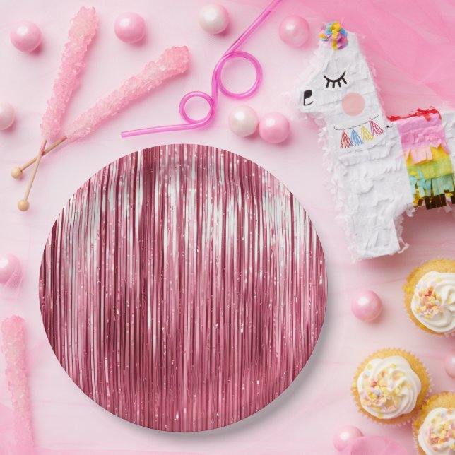 Girly Pink Glam Tinsel Stripes  Paper Plate (Party)