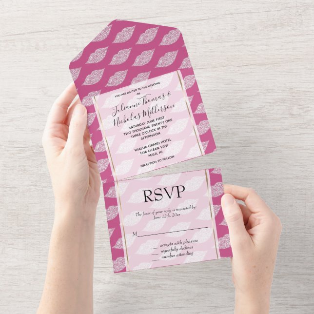 Girly Pink Glam White Diamond Lips All In One Invitation (Tearaway)