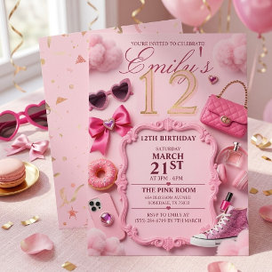 Girly Pink Glamour 12th Birthday Invitation