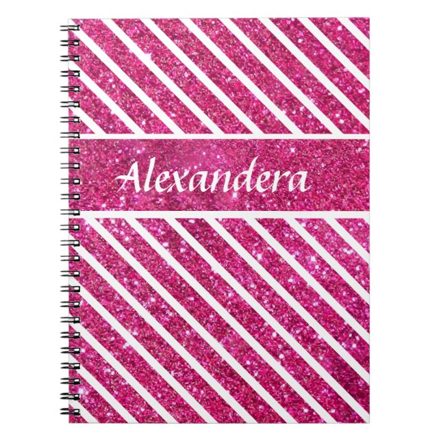 Girly Pink Glitter and White Script Modern glam Notebook (Front)