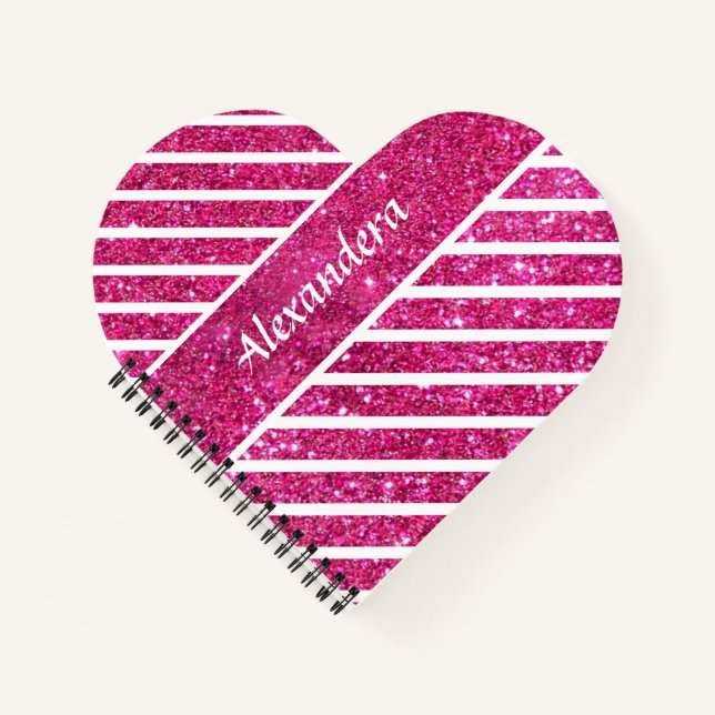 Girly Pink Glitter and White Script Modern glam Notebook (Front)