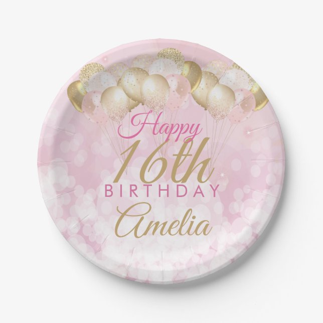 Girly Pink Glitter Balloons 16th Birthday Paper Plate (Front)