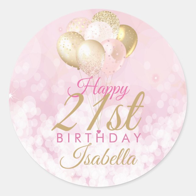Girly Pink Glitter Balloons 21st Birthday Classic Round Sticker (Front)