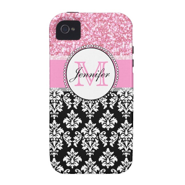 Girly, Pink, Glitter Black Damask Personalized Case-Mate iPhone Case (Back)