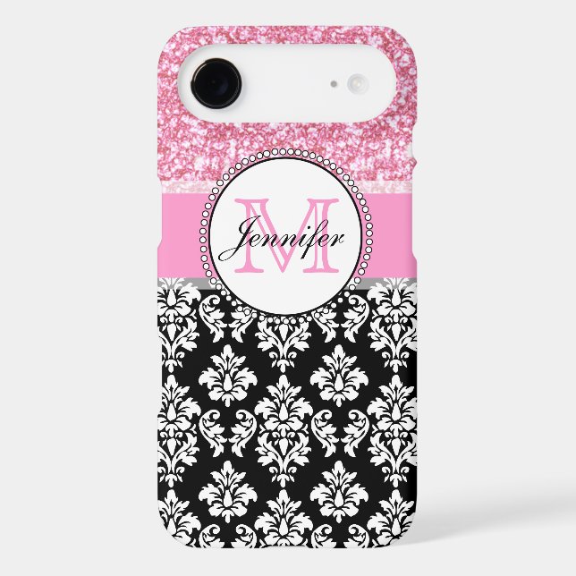 Girly, Pink, Glitter Black Damask Personalized Case-Mate iPhone Case (Back)