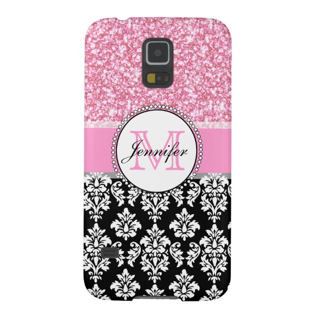 Girly, Pink, Glitter Black Damask Personalized Case-Mate Samsung Galaxy Case (Back)