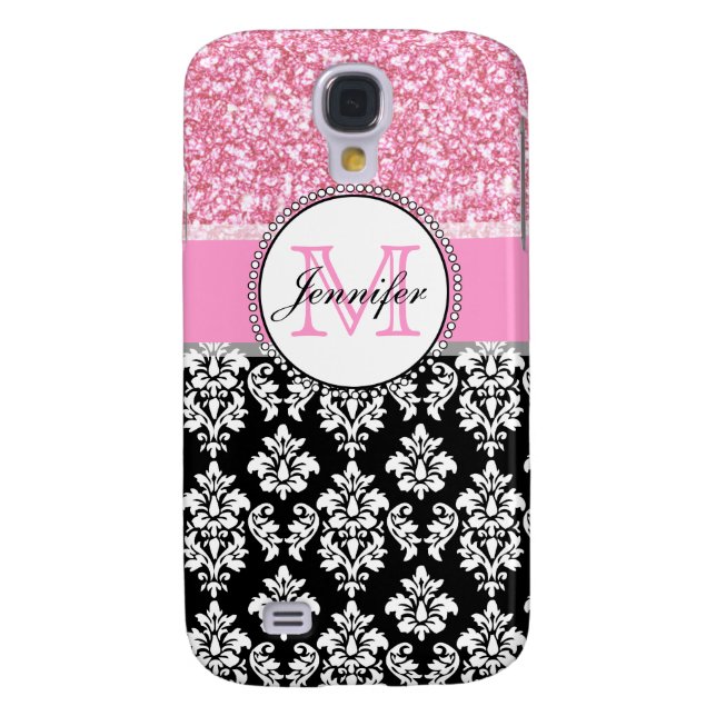 Girly, Pink, Glitter Black Damask Personalized Case-Mate Samsung Galaxy Case (Back)