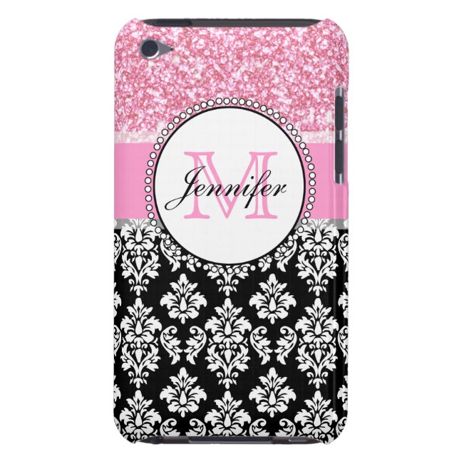Girly, Pink, Glitter Black Damask Personalized iPod Touch Case (Back)