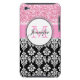 Girly, Pink, Glitter Black Damask Personalized iPod Touch Case (Back)