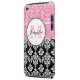 Girly, Pink, Glitter Black Damask Personalized iPod Touch Case (Back Left)