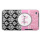 Girly, Pink, Glitter Black Damask Personalized iPod Touch Case (Back Horizontal)