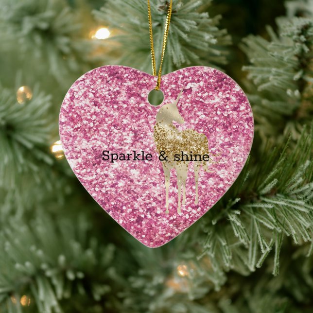 Girly Pink Glitter Confetti Gold Unicorn Ceramic Ornament (Tree)