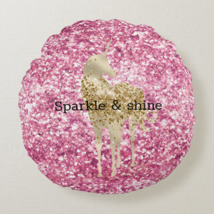 Girly Pink Glitter Confetti Gold Unicorn Round Pillow