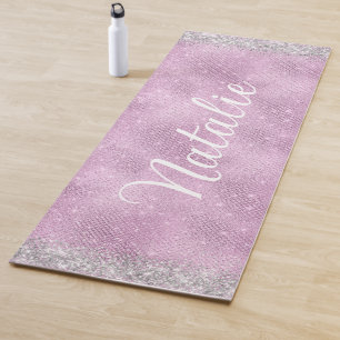 Girly Pink Glitter Custom Script Monogram Name Yoga Mat