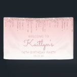 Girly Pink Glitter Drip 16th Birthday Party Banner<br><div class="desc">Welcome guests with this chic,  girly sixteenth birthday party banner,  featuring a sparkly pink faux glitter drip border and pink ombre background. Personalize it with her name  in dark rose handwriting script,  with the birthday and date below in rose sans serif font.</div>
