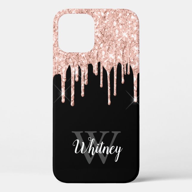 Girly Pink Glitter Drip Grey Monogram Case-Mate iPhone Case (Back)