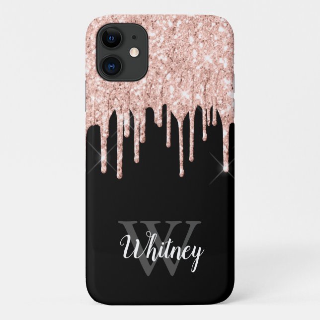 Girly Pink Glitter Drip Grey Monogram Case-Mate iPhone Case (Back)