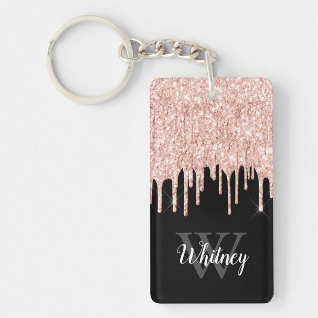 Girly Pink Glitter Drip Grey Monogram Keychain (Front)