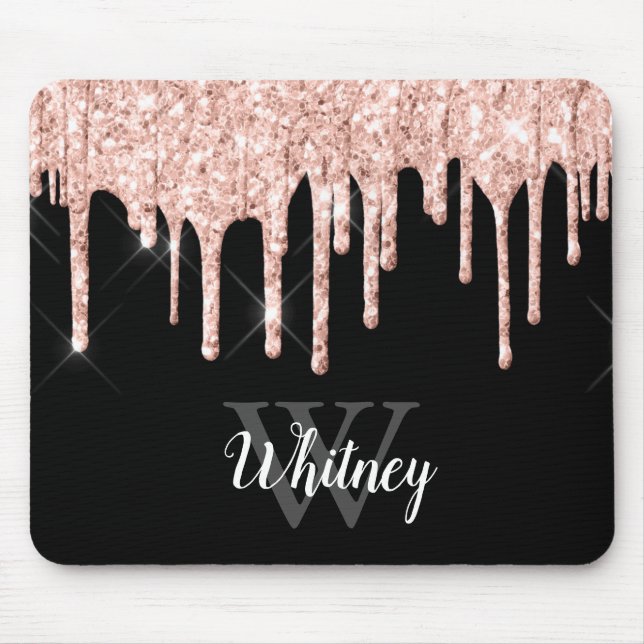Girly Pink Glitter Drip Grey Monogram Mouse Pad (Front)