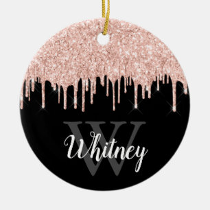 Girly Pink Glitter Drip Grey Monogram Photo Cerami Ceramic Ornament