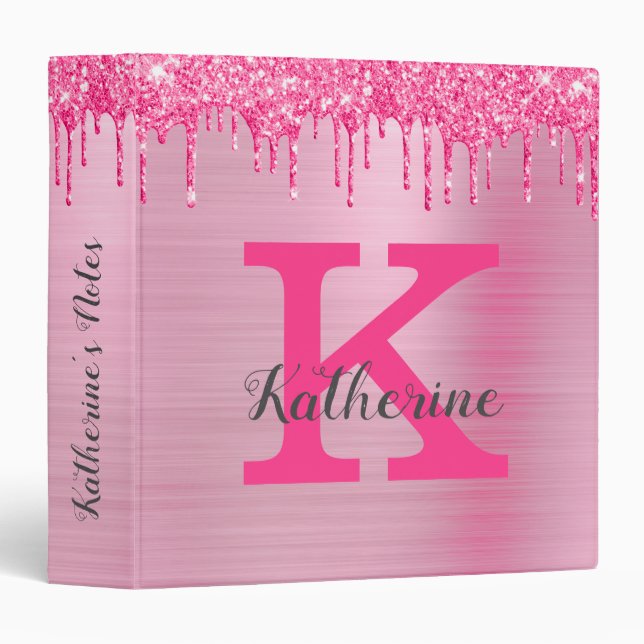 Girly Pink Glitter Drips Chic Glam Monogram Name Binder (Front/Spine)
