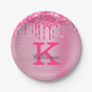 Girly Pink Glitter Drips Chic Glam Monogram Name Paper Plate