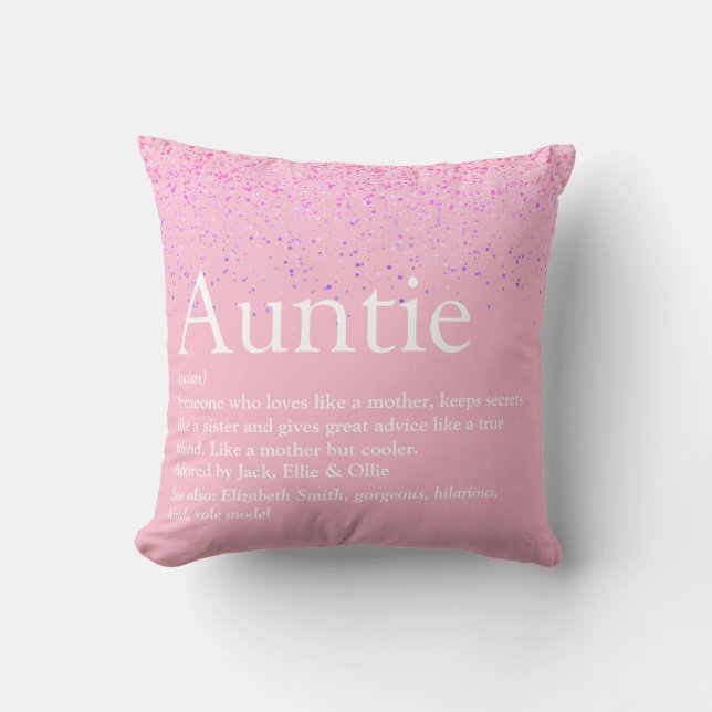Girly Pink Glitter Fun Best Auntie Aunt Definition Throw Pillow (Front)