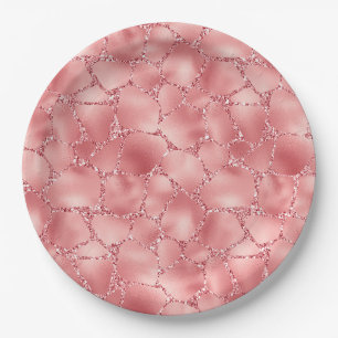 Girly Pink Glitter Giraffe Print Paper Plate