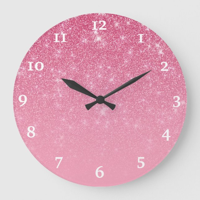 Girly Pink Glitter Glam Chic Sparkly Ombre Large Clock (Front)