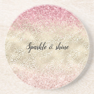 Girly Pink Glitter Glam Gold Glitz Leopard Print Coaster