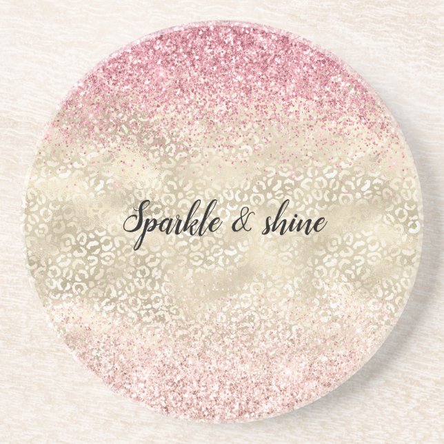 Girly Pink Glitter Glam Gold Glitz Leopard Print Coaster (Front)